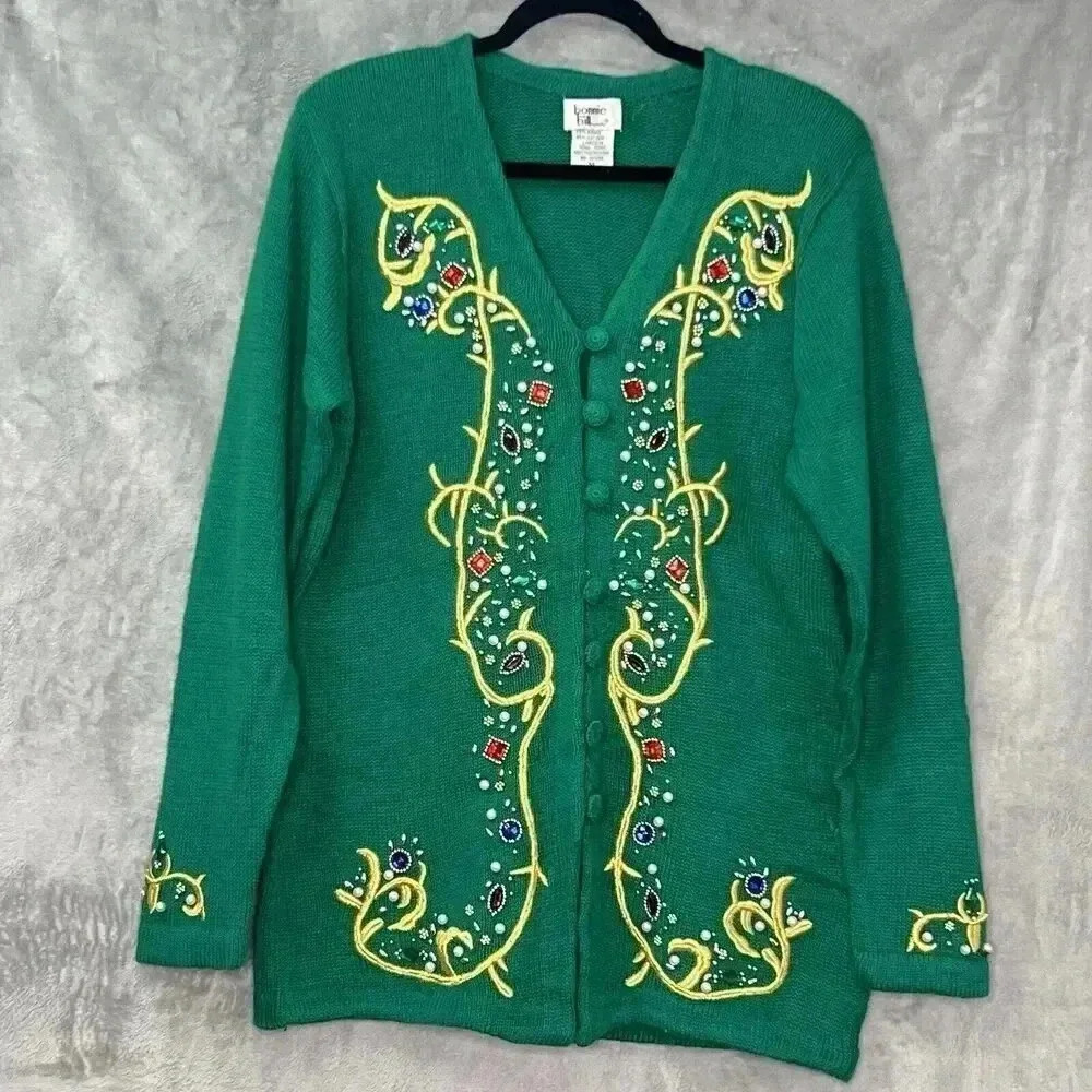 VTG Bonnie And Bill‎ By Holly Cardigan Embroidered Jewel Embellished Green Sz M